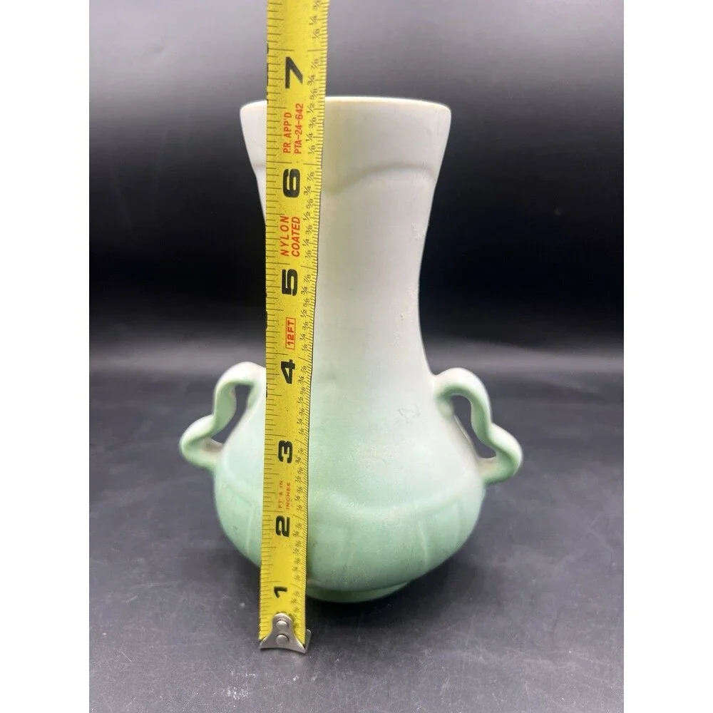 Vintage Weller Panella Double Handle Pansy Art Pottery Vase Green 6.5” USA